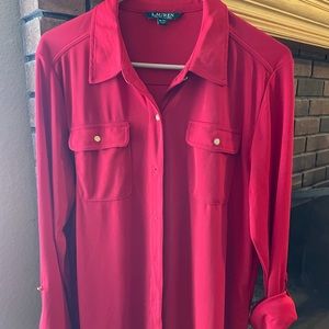 Red blouse, gold buttons, long or roll up sleeves